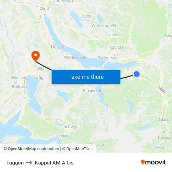 Tuggen to Kappel AM Albis map