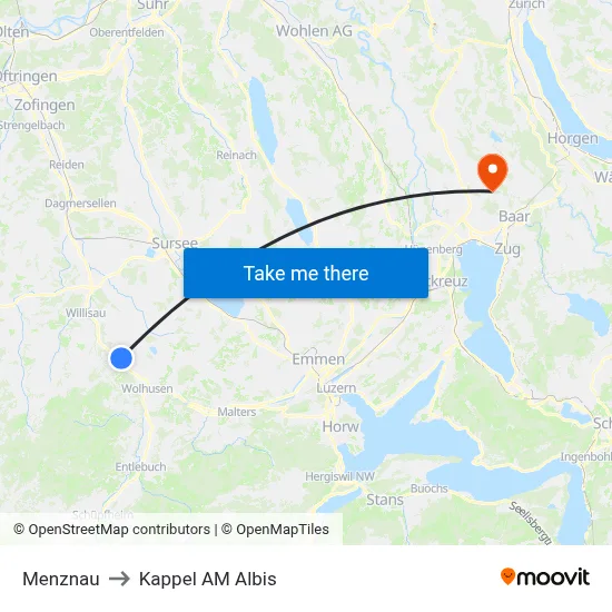 Menznau to Kappel AM Albis map