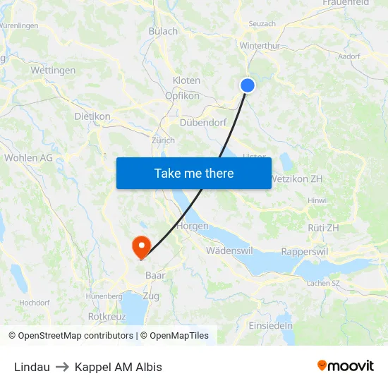 Lindau to Kappel AM Albis map