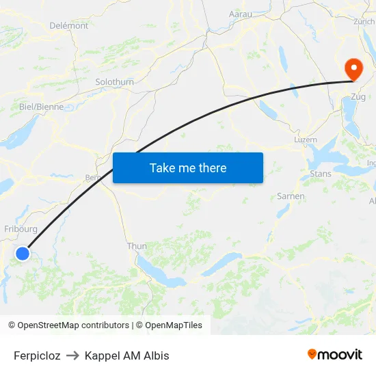 Ferpicloz to Kappel AM Albis map