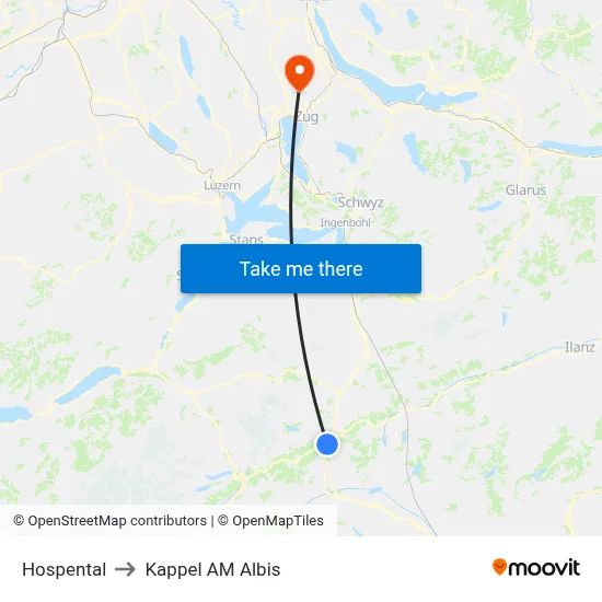 Hospental to Kappel AM Albis map