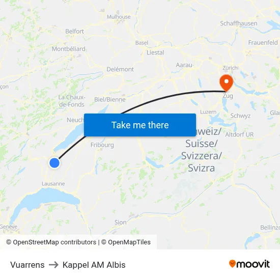 Vuarrens to Kappel AM Albis map