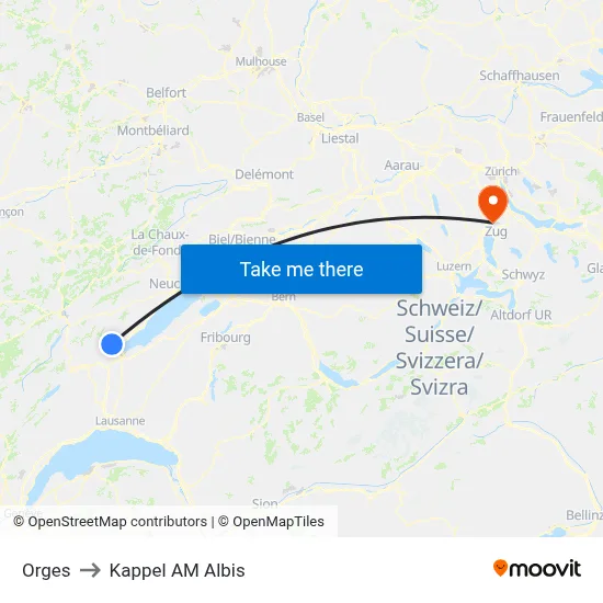 Orges to Kappel AM Albis map