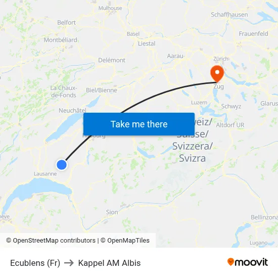 Ecublens (Fr) to Kappel AM Albis map