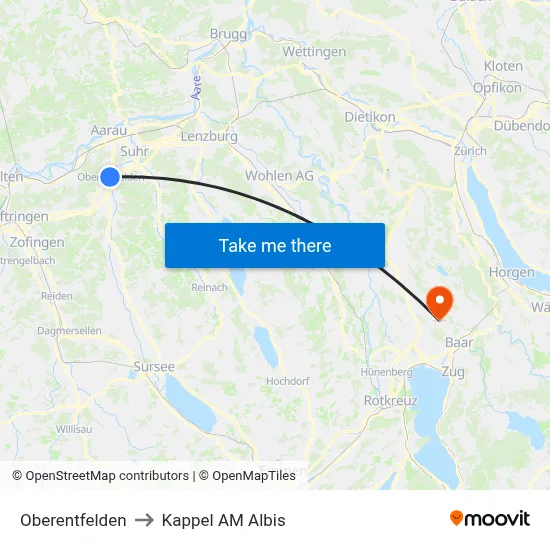 Oberentfelden to Kappel AM Albis map
