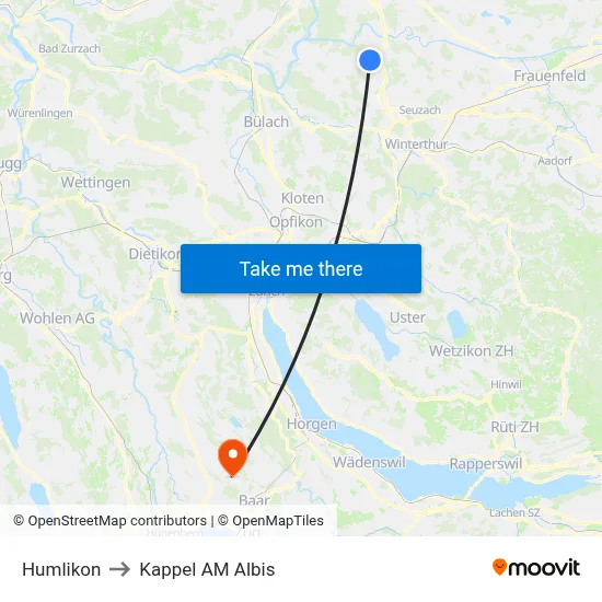 Humlikon to Kappel AM Albis map