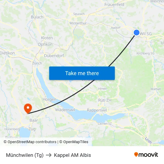 Münchwilen (Tg) to Kappel AM Albis map