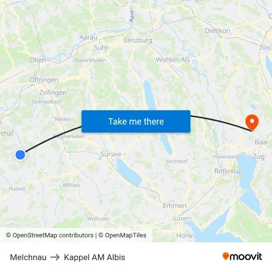 Melchnau to Kappel AM Albis map