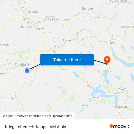 Kriegstetten to Kappel AM Albis map