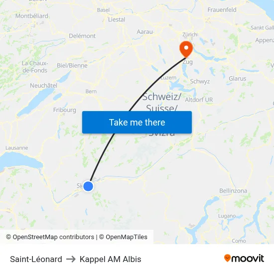 Saint-Léonard to Kappel AM Albis map