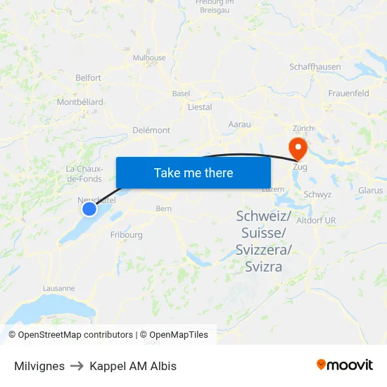 Milvignes to Kappel AM Albis map