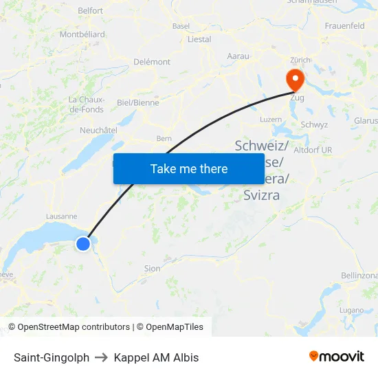 Saint-Gingolph to Kappel AM Albis map