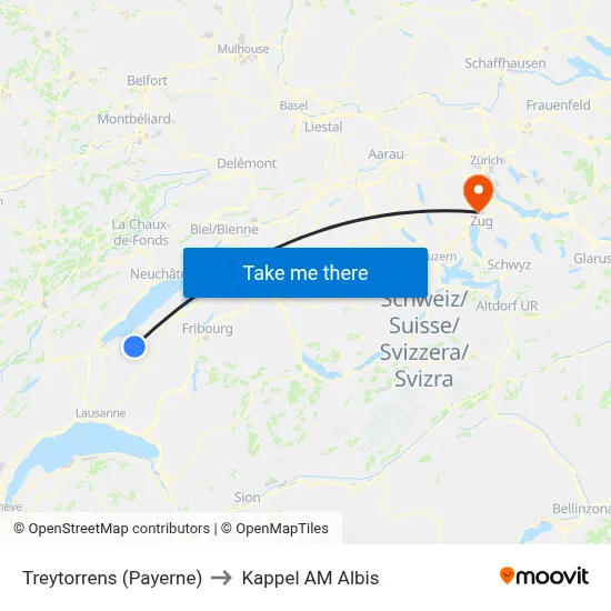 Treytorrens (Payerne) to Kappel AM Albis map