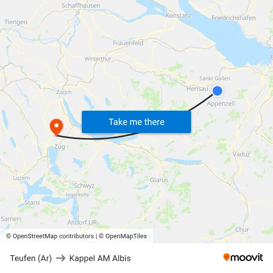 Teufen (Ar) to Kappel AM Albis map
