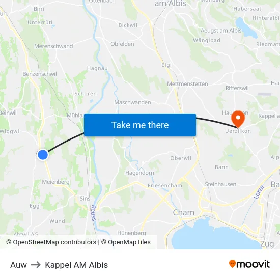 Auw to Kappel AM Albis map