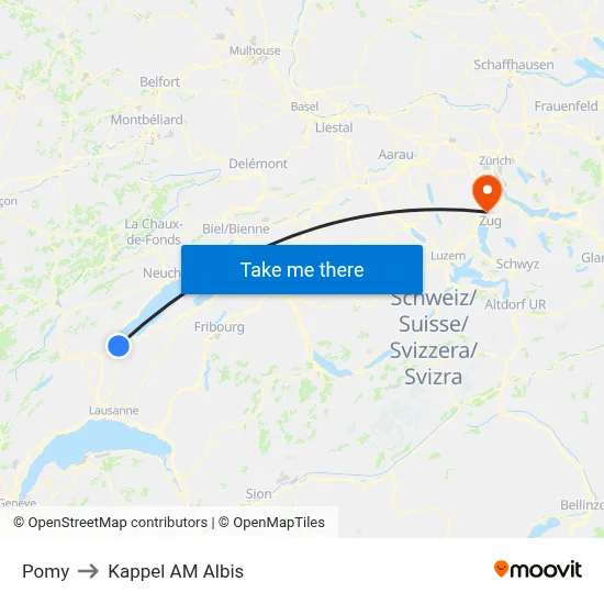 Pomy to Kappel AM Albis map