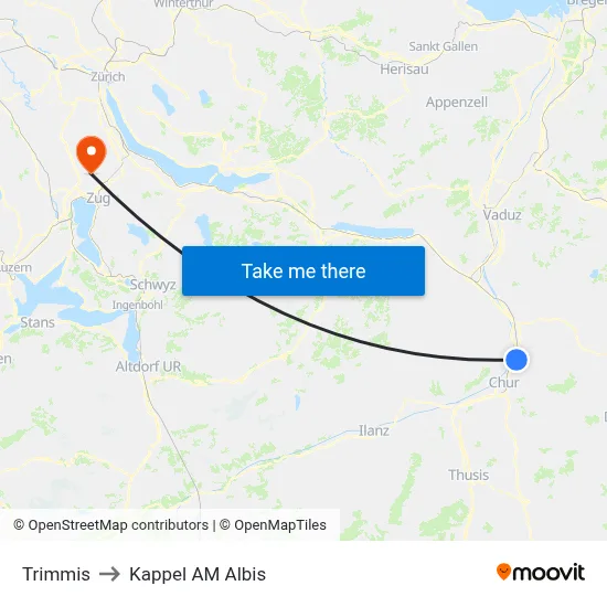 Trimmis to Kappel AM Albis map