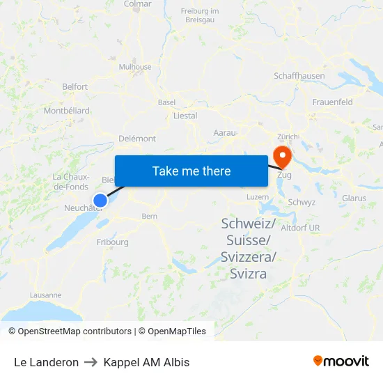 Le Landeron to Kappel AM Albis map