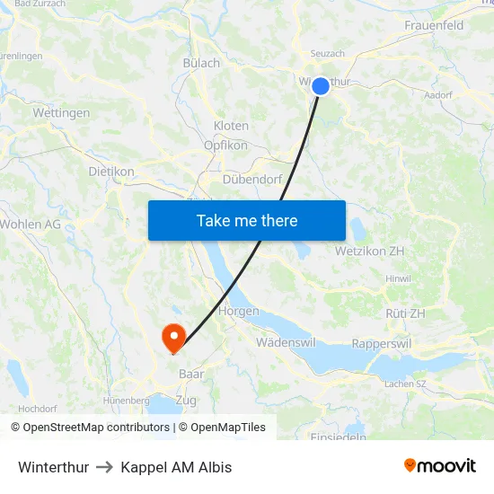 Winterthur to Kappel AM Albis map