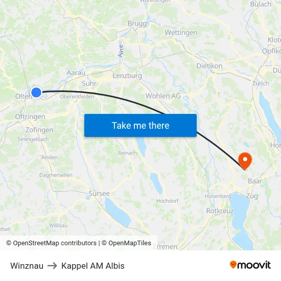 Winznau to Kappel AM Albis map