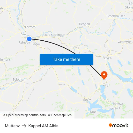 Muttenz to Kappel AM Albis map