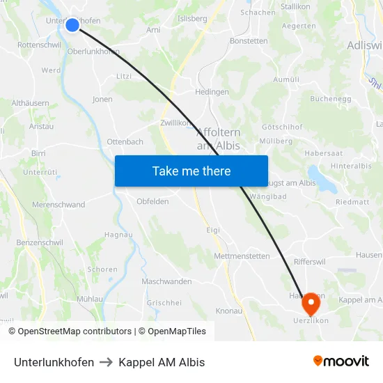 Unterlunkhofen to Kappel AM Albis map