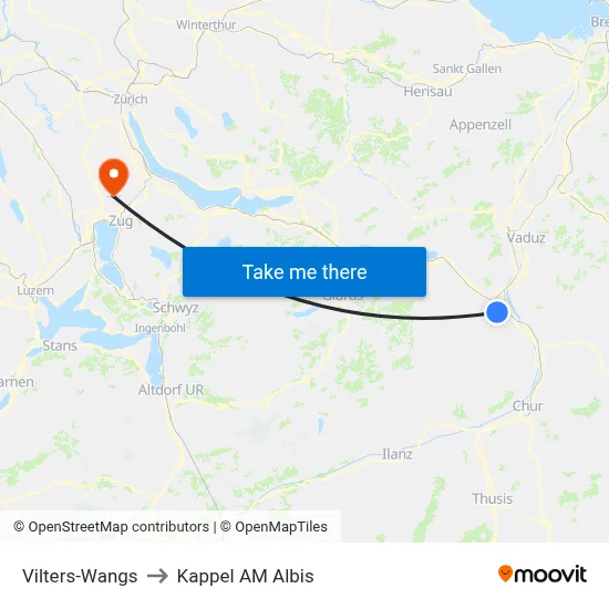 Vilters-Wangs to Kappel AM Albis map