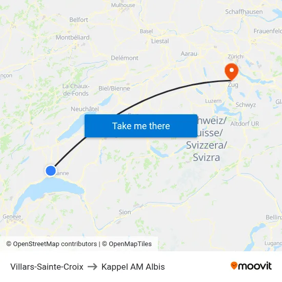 Villars-Sainte-Croix to Kappel AM Albis map