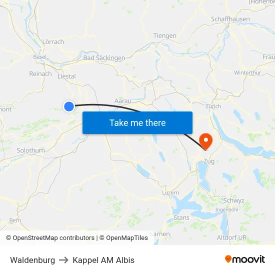 Waldenburg to Kappel AM Albis map