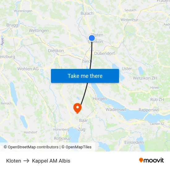 Kloten to Kappel AM Albis map