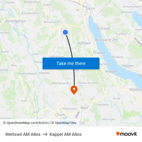 Wettswil AM Albis to Kappel AM Albis map