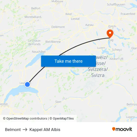 Belmont to Kappel AM Albis map