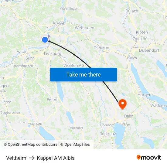 Veltheim to Kappel AM Albis map