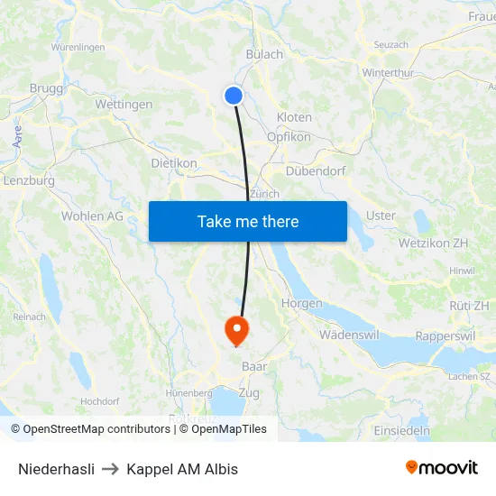 Niederhasli to Kappel AM Albis map