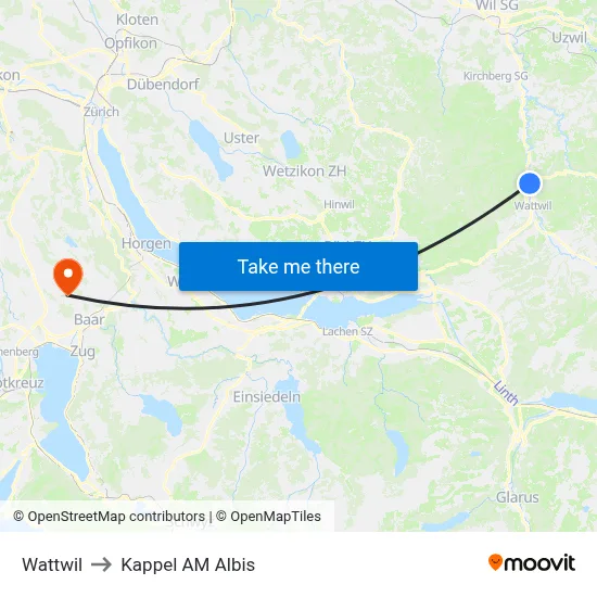 Wattwil to Kappel AM Albis map