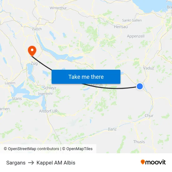 Sargans to Kappel AM Albis map