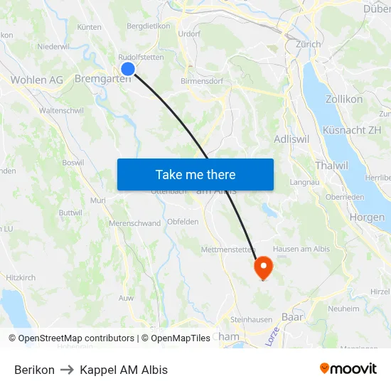 Berikon to Kappel AM Albis map
