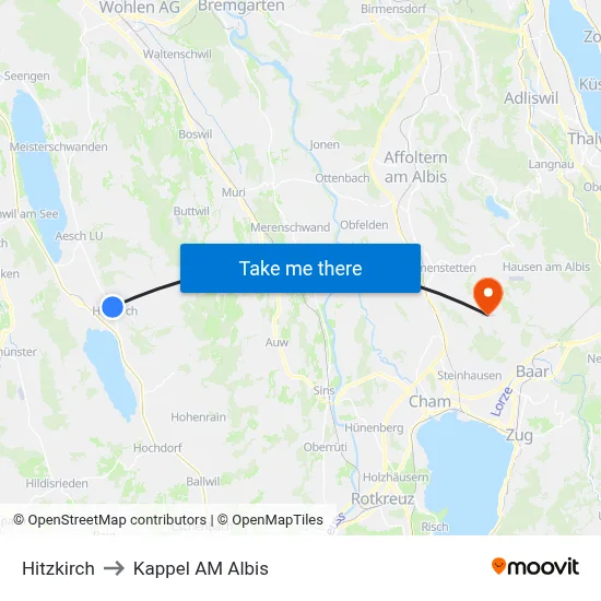 Hitzkirch to Kappel AM Albis map