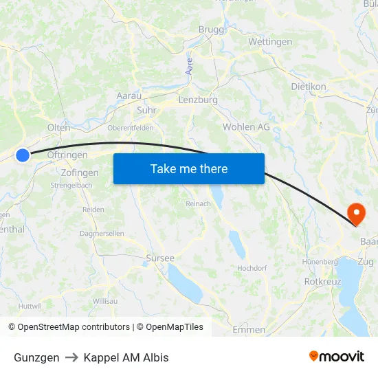 Gunzgen to Kappel AM Albis map