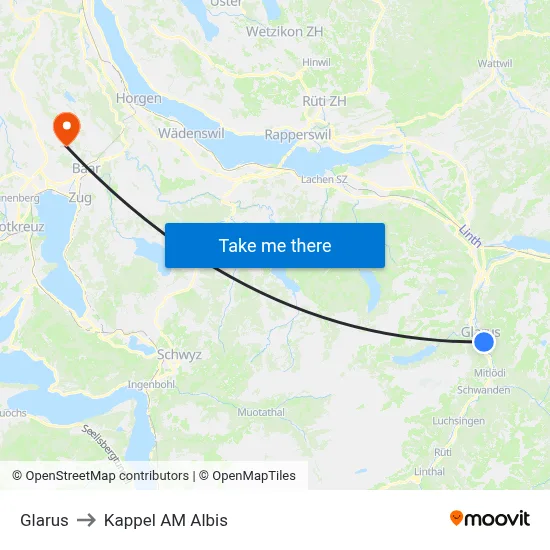 Glarus to Kappel AM Albis map