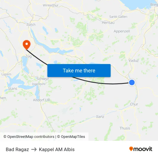 Bad Ragaz to Kappel AM Albis map