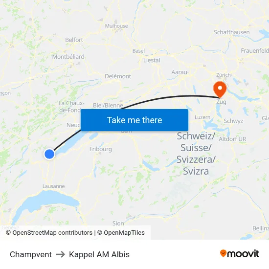 Champvent to Kappel AM Albis map