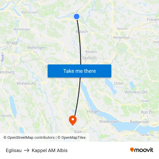 Eglisau to Kappel AM Albis map