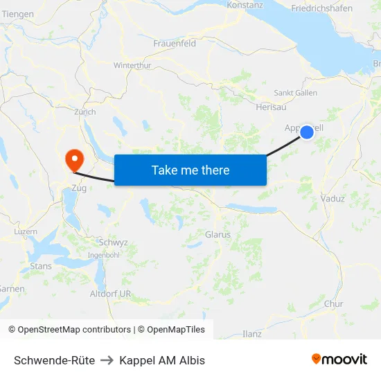 Schwende-Rüte to Kappel AM Albis map