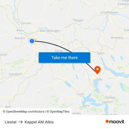 Liestal to Kappel AM Albis map