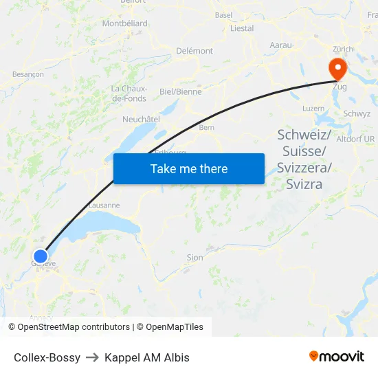 Collex-Bossy to Kappel AM Albis map