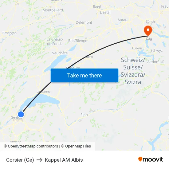 Corsier (Ge) to Kappel AM Albis map