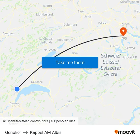 Genolier to Kappel AM Albis map