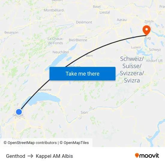 Genthod to Kappel AM Albis map