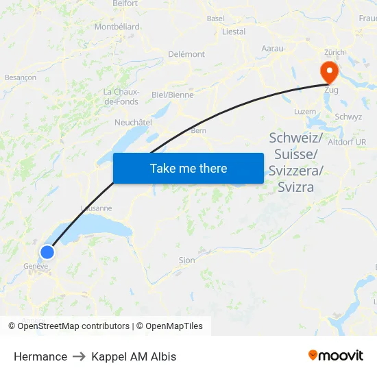 Hermance to Kappel AM Albis map